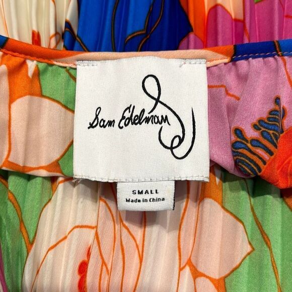 Sam Edelman Pleated Plisse Satin Belted Dress Sz S Multi Water Color Floral Midi - Picture 8 of 8